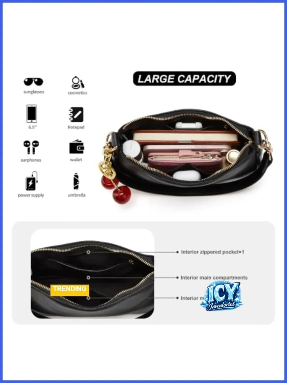 PU Leather Hobo Shoulder Bag with Removable Straps and Cherry Charm